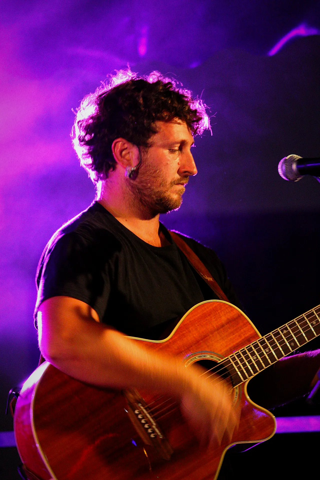 Guitariste de Watts Up concentré sur sa guitare folk, ambiance violette